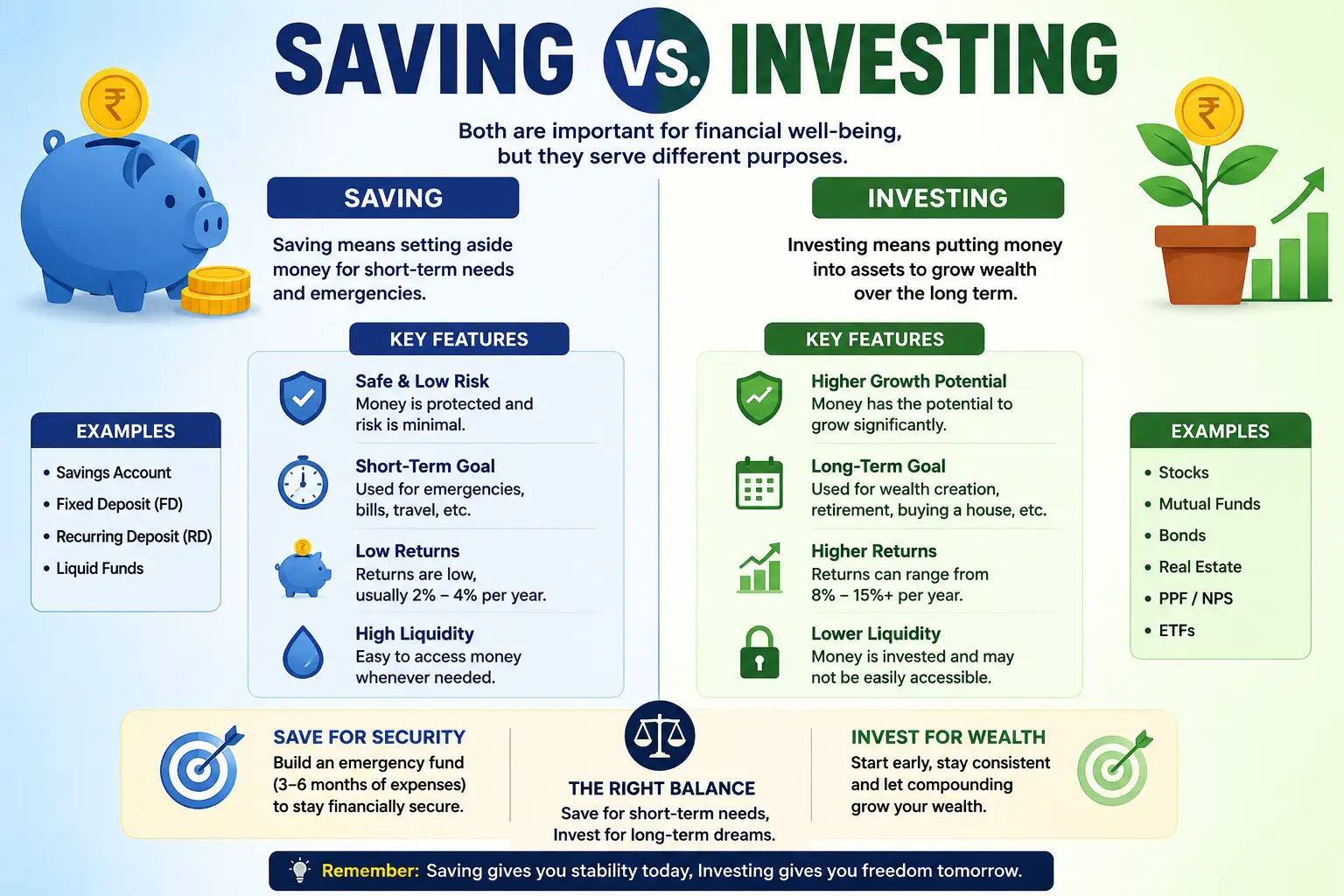 Difference between saving and investing infographic